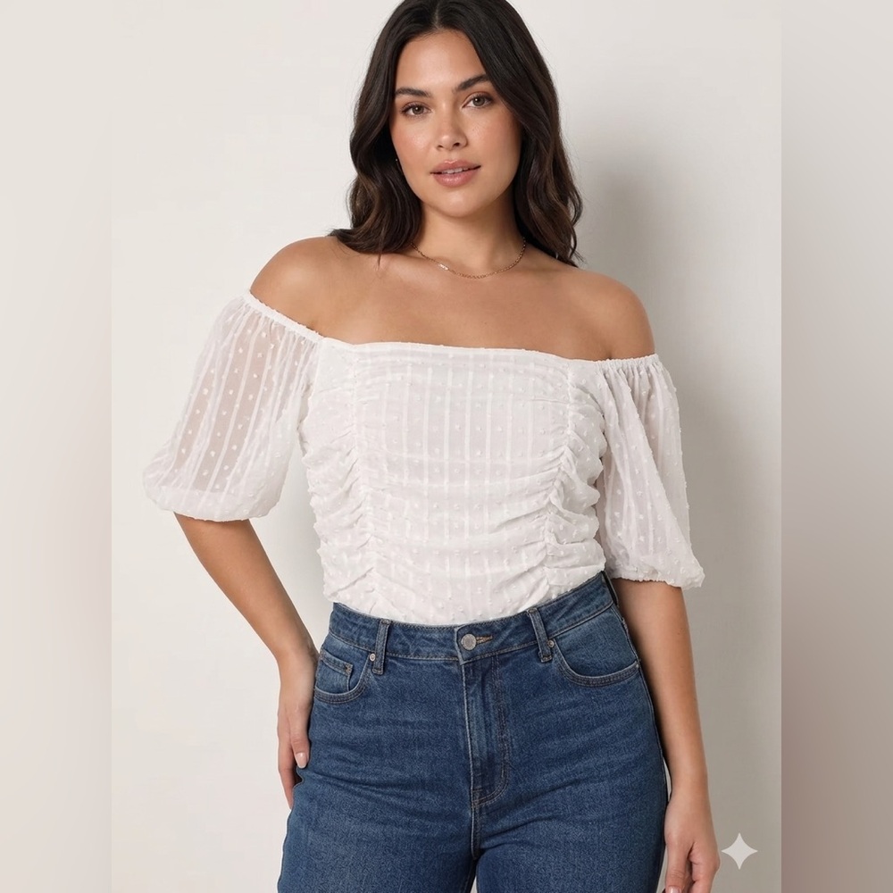 Lulus Think of Me Ivory Swiss Dot Ruched Bodysuit Women’s Medium